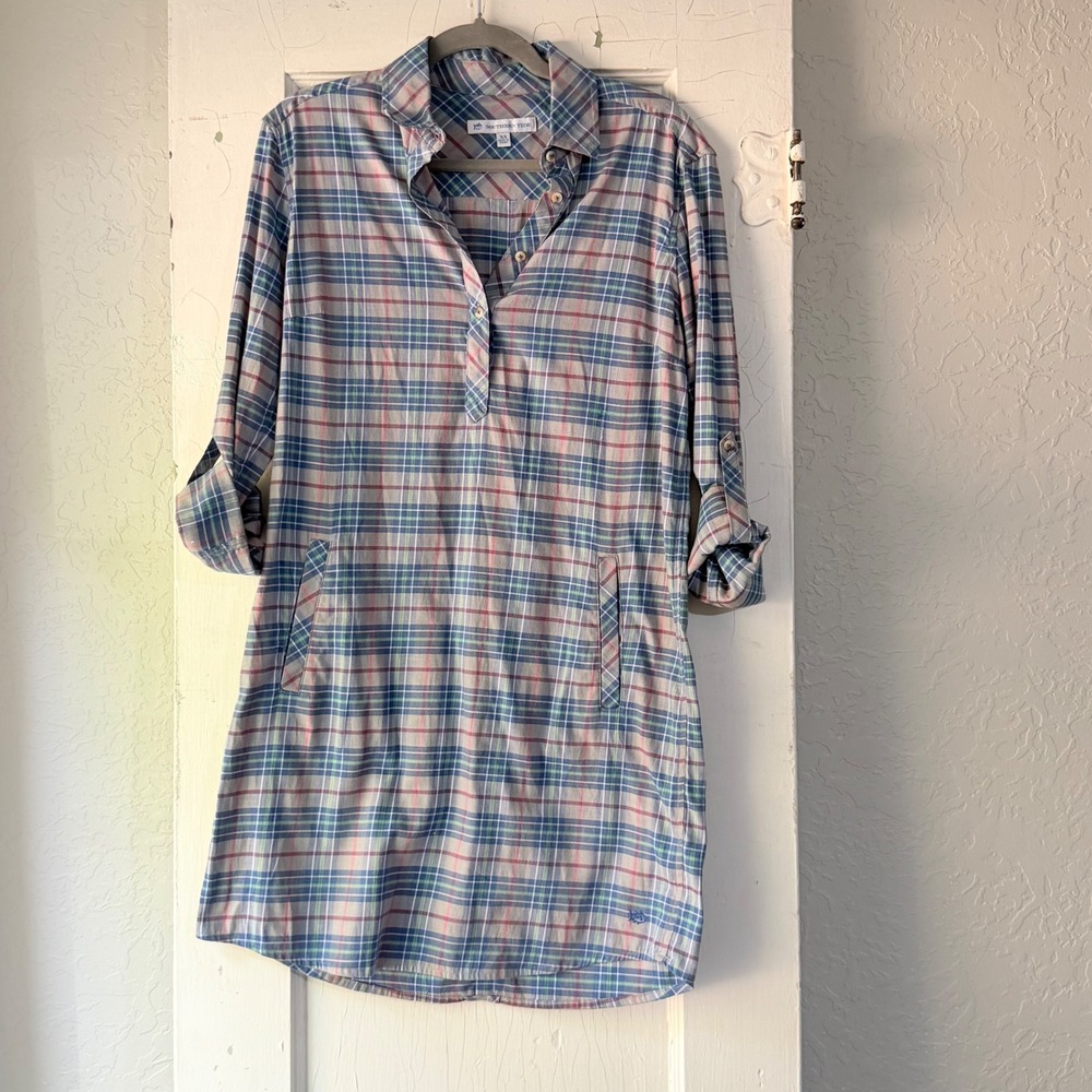 Southern Tide Womens XS Plaid Roll Sleeve Shirt Dress Blue Grey Pink Skipjack
